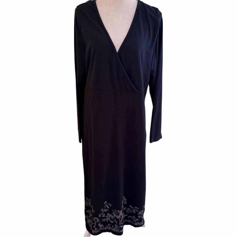 Eddie Bauer Navy Blue Surplice Maxi Dress with Print Floral Border XL Long - Picture 2 of 12